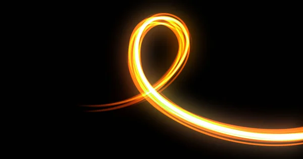 Szlak łuku spiralnego fali świetlnej, pomarańczowy żółty neon świecący lampą błyskową ze śladem linii zakręcenia. Światłowód świeci i magiczny jasny błysk ognia w ruchu, efekt świetlny na czarnym tle — Zdjęcie stockowe