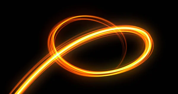 光迹螺旋形,橙色霓虹灯发光波涡旋,能量闪光自旋迹效应. 魔法辉光螺旋线在黑色背景下高速运动中的涡旋迹、光纤和明亮的光路 — 图库照片