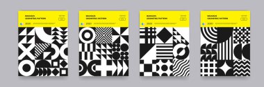 Bauhaus geometrik model arka plan, vektör posteri ve kapak şablonu tasarımı. Siyah ve beyaz Bauhaus çemberi, üçgen ve kare çizgiler sanat veya İsviçre desen arka planı