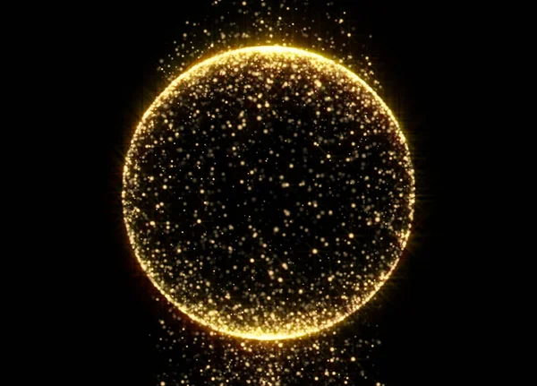 Gold glitter circle sphere with glittering light shine sparkles on black background. Sparkling shiny magic glow ball of gold shimmering confetti and glowing particles sparkles