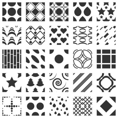 25 geometrik sorunsuz desenlerle kareler, daireler, kalp, yıldız kümesi. Tek renkli geometrik süsler koleksiyonları