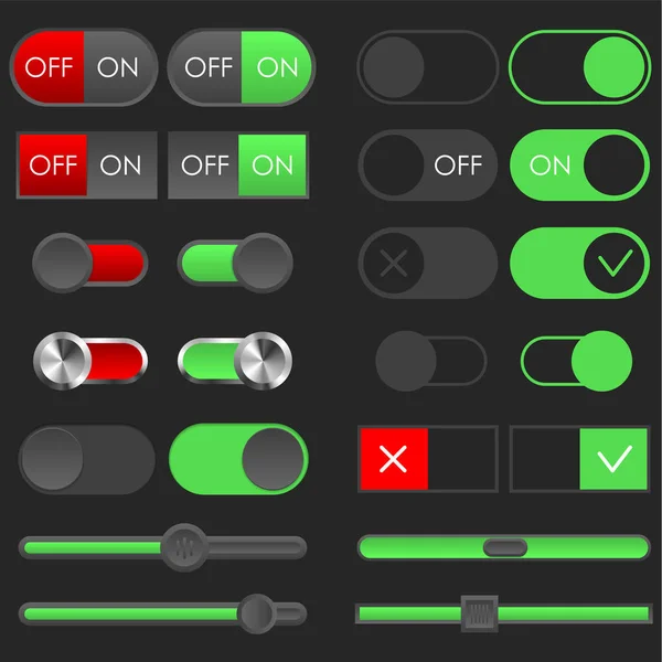 Omkopplaren set, mörk tema. På och av reglagen. Mall för app och webbplats. — Stock vektor