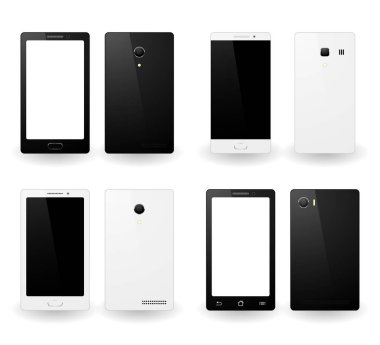 Beyaz arka planda, akıllı telefonlar cep telefonları dokunmatik ekran ile izole.