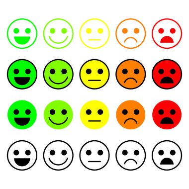 İfadeler kümesi. Emoji düzeyi, rütbe, yük. Mükemmel, iyi, normal, kötü, çok kötü.