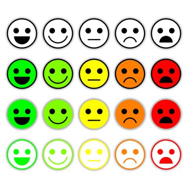 İfadeler kümesi. Emoji düzeyi, rütbe, yük. Mükemmel, iyi, normal, kötü, çok kötü.