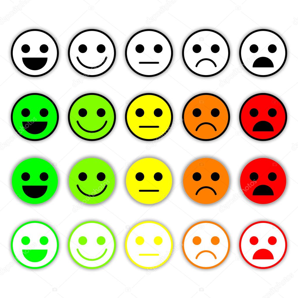 Set of Emoticons. Emoji level, rank, load. Excellent, good, normal, bad, awful.