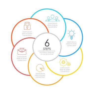 Anahat Infographic yuvarlak. Daire diyagram 6 öğe, adımları veya seçenekleri ile.