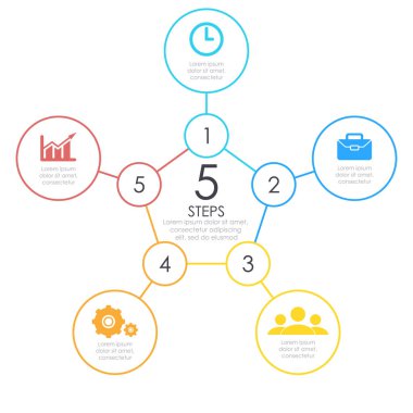 Doğrusal infographics. Yuvarlak grafik anahat, 5 adım ile seçenekleri grafik. Vektör tasarım öğesi.