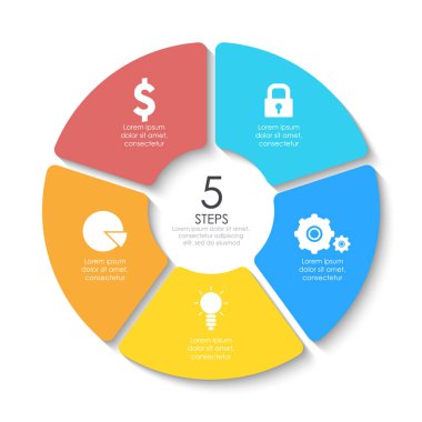 Yuvarlak Infographic diyagramı kümesi. Daire 5 öğelerinin veya adımları.