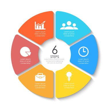 Yuvarlak Infographic diyagramı kümesi. Daireler 6 öğeleri veya adımları.
