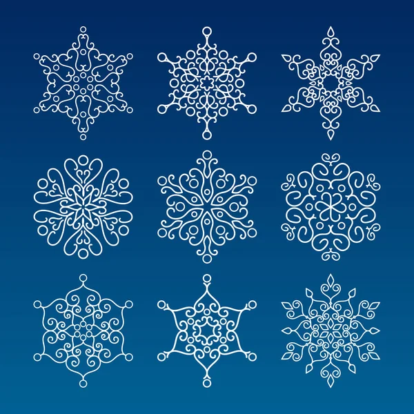 Flocos Neve Desenhados Vintage Isolados Ícones Inverno Fundo Azul — Vetor de Stock