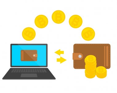 Tasarım konsepti cryptocurrency teknoloji, bitcoin Satım, mobil bankacılık. M-cüzdana dizüstü transfer.