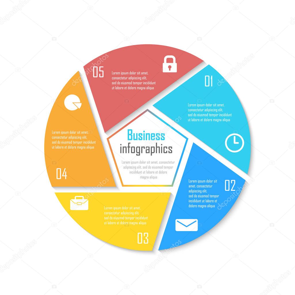 Template for circle diagram, options, web design, graph and round infographic. Business concept with 5 elements, step, option.