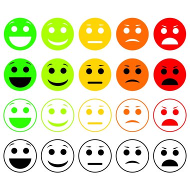 İfadeler kümesi. Emoji düzeyi, rütbe, yük. Mükemmel, iyi, normal, kötü, çok kötü.