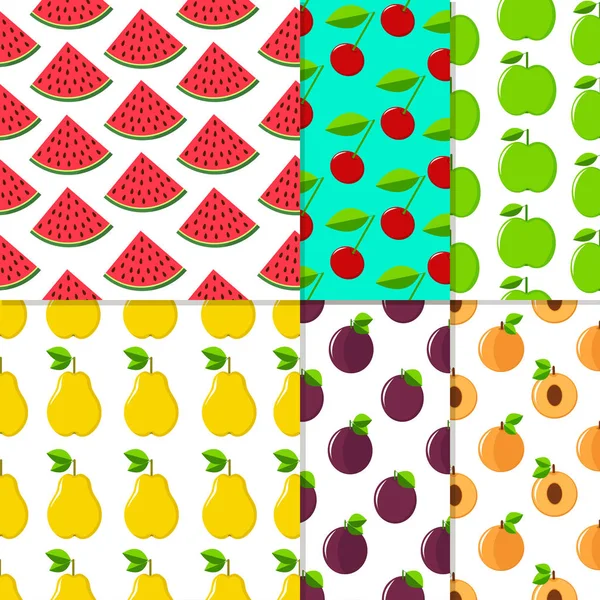 Padrões sem costura conjunto de frutas: cereja, melancia, pêra, appl —  Vetores de Stock