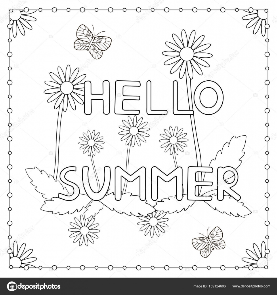 Kleurplaat De Uitdrukking Hello Summer Met Bloemen En Boter