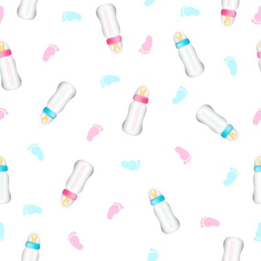 Gerçekçi pembe ve mavi bebek şişeleri, ayak üzerinden seamless modeli