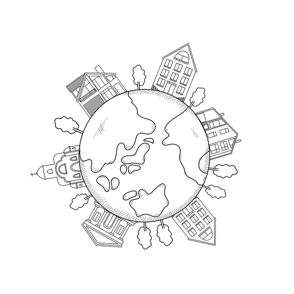 Bina, toprak, ağaçlar satır sembolleri - siyah