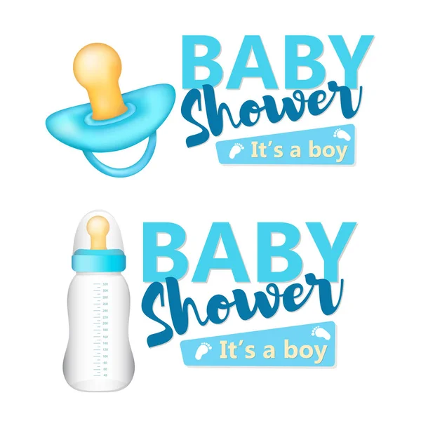 Babydusche. Es ist ein Junge Text mit dem blauen realistischen Babybottl — Stockvektor