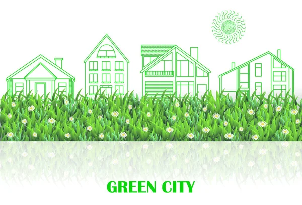 Cidade verde fundo colorido com edifícios linha verde, grama , —  Vetores de Stock