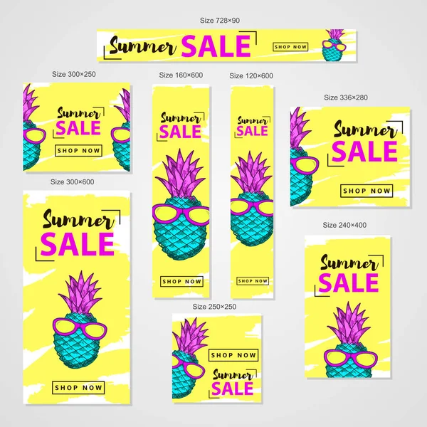 Yaz Satılık web afiş renkli elle çizilmiş ananas ile ayarla 