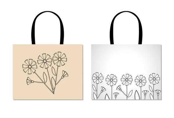 Πρότυπο σχεδίασης τσάντα για ψώνια με δημιουργική μαύρα λουλούδια. — Διανυσματικό Αρχείο