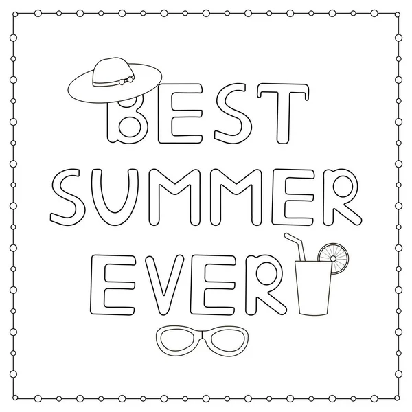 Página para colorear con texto dibujado a mano "El mejor verano de la historia", sombrero y c — Vector de stock
