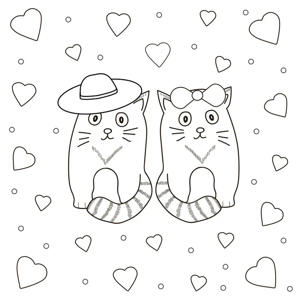 猫と心の着色のページ — ストックベクタ