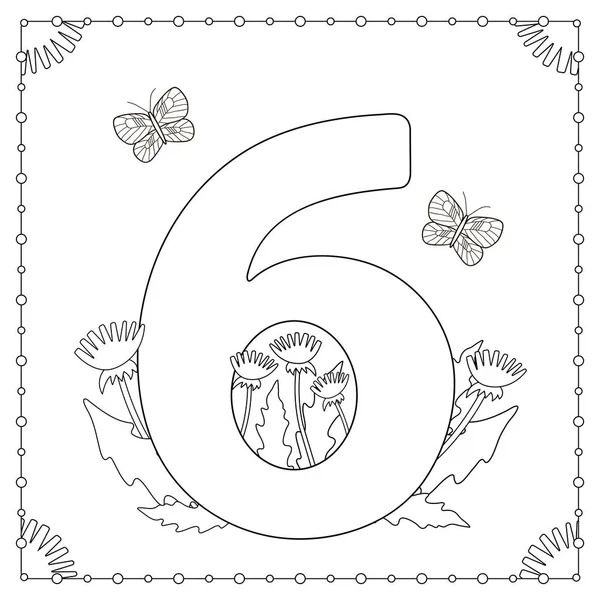 Numéral Six avec fleurs, feuilles et papillons. Coloriage . — Image vectorielle