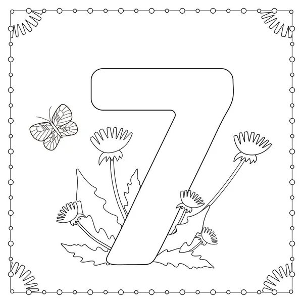 Numeral siete con flores, hojas y mariposa. Página para colorear — Archivo Imágenes Vectoriales