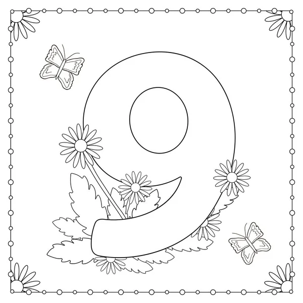 Numeral nueve con flores, hojas y mariposas. Página para colorear — Archivo Imágenes Vectoriales