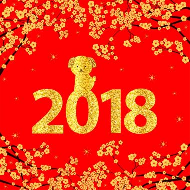 Altın sayılar 2018, köpek ve çiçekler kırmızı zemin üzerine. Chine