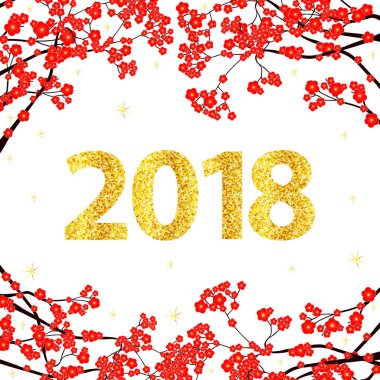 Altın sayılar 2018 ve beyaz zemin üzerine kırmızı çiçekler.