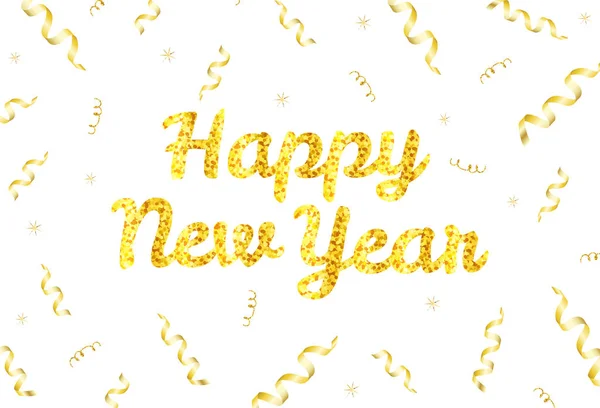 Gold text Happy New Year and ribbons on the white background. — Stock Vector