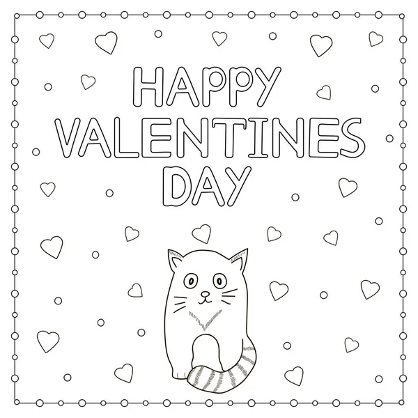 幸せなバレンタインデー手描き本文、猫、心. — ストックベクタ