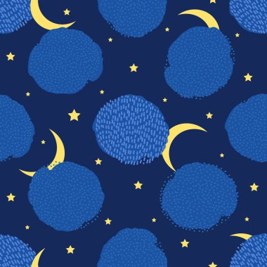 Gece seamless modeli. Yaratıcı bulutlar, yıldızlar ve ay. 