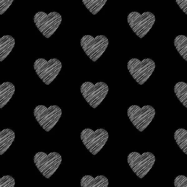 Patrón sin costuras con corazones blancos dibujados a mano en el respaldo negro — Vector de stock