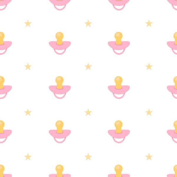 Seamless pattern with pink pacifier and yellow stars on the whit — Stock Vector