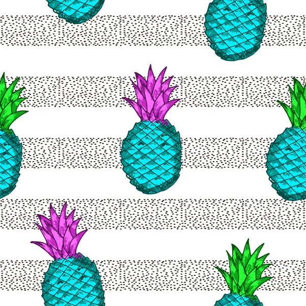 화려한 파인애플, 검은 점 들으로 완벽 한 패턴. — 스톡 벡터