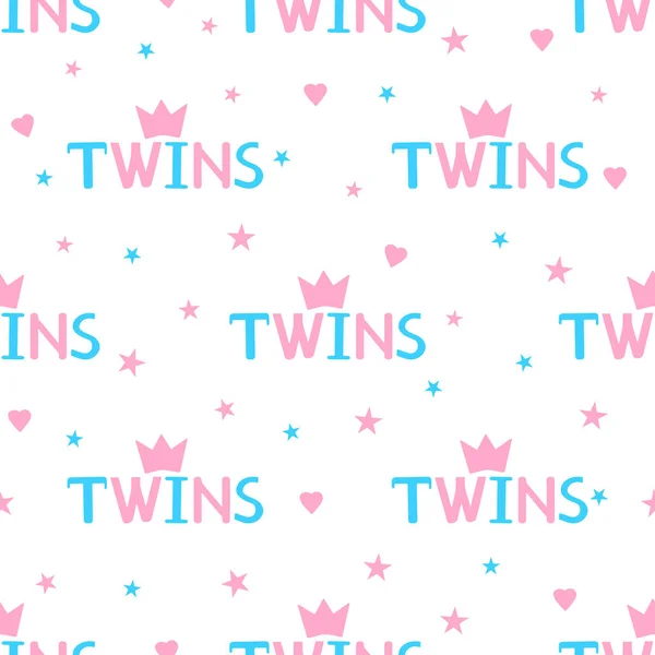 Seamless pattern with word twins, crowns, hearts and stars. — Stock Vector