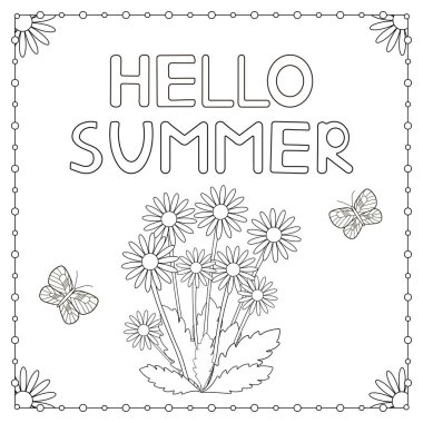Elle çizilmiş metin Merhaba yaz, çiçekler ve kelebekler. Boyama 