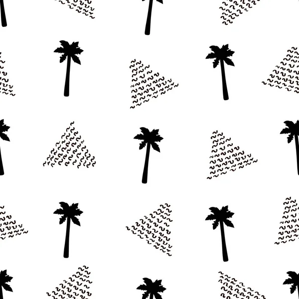 Seamless pattern with black palm trees and triangles. — Stock Vector