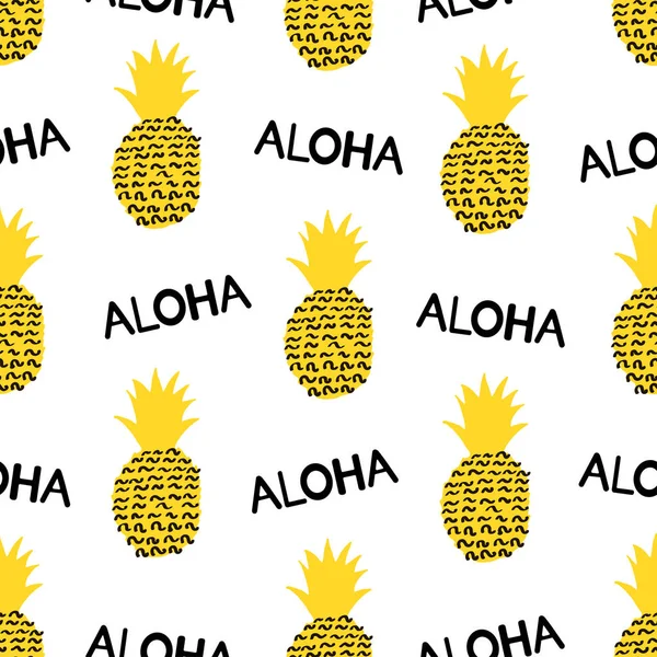 Wzór z creative ananas i słowo Aloha. — Wektor stockowy