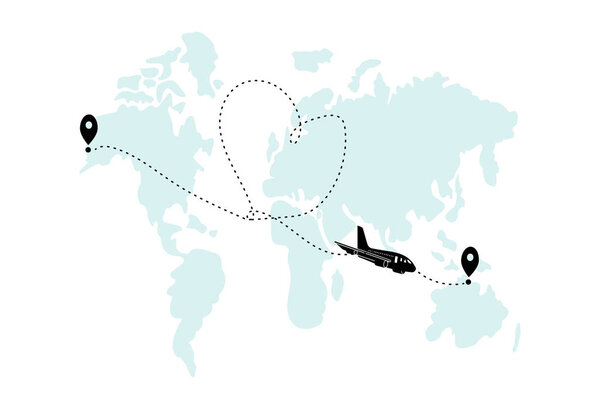 The plane and its track on the world map. White background. 