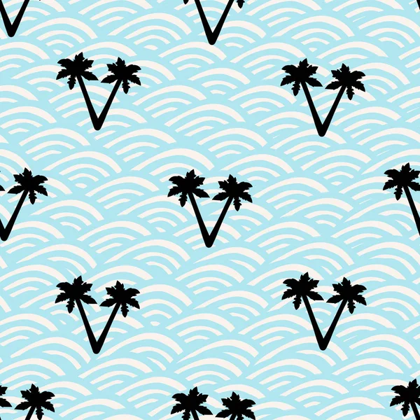 Seamless pattern with black palm trees and blue waves. — Stock Vector