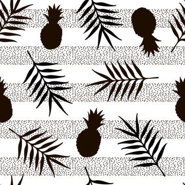 Siyah ananas ve tropikal yaprak ile Seamless Modeli. 