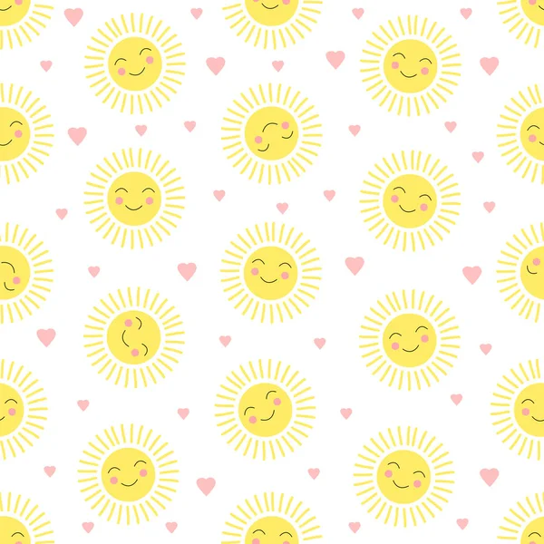 Seamless pattern with a cute sun and hearts. Colorful background — Stock Vector