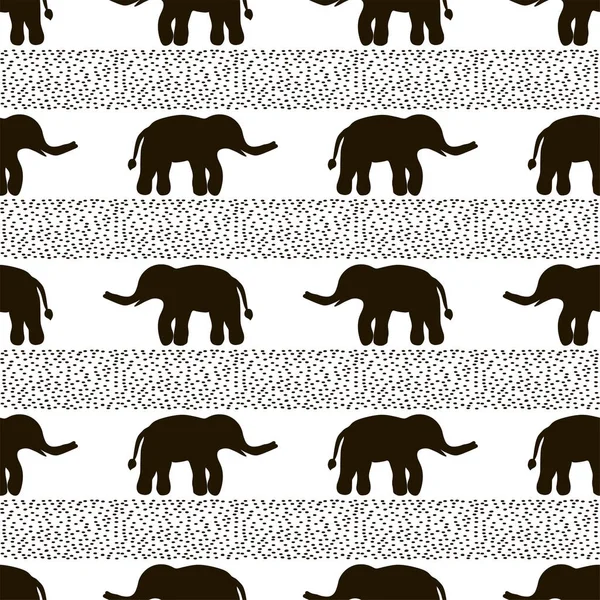 Nahtloses Muster mit schwarzen Elefanten und Punkten auf dem weißen Rücken — Stockvektor