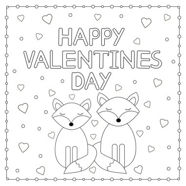 Sevimli tilkiler ve kalplerle Sevgililer Günü kartın kutlu olsun. Renklendirme pa