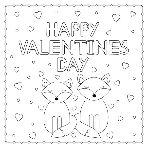 Cartão feliz Dia dos Namorados com raposas e corações bonitos. Colorir pa —  Vetores de Stock